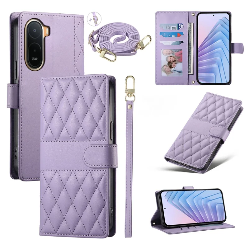Wallet Case for Xiaomi Poco C85x 5G / Redmi A7 Pro 4G (171.56mm) / Redmi A7 Pro 5G Rhombus Stitching Stand Leather Phone Cover with Long   /   Short Strap - Purple