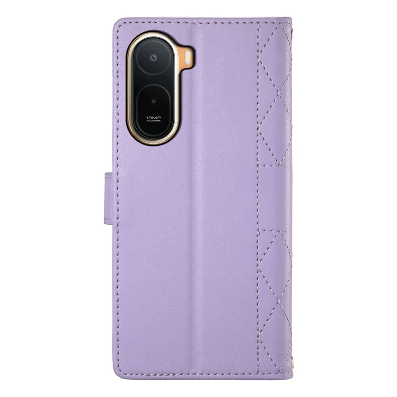Wallet Case for Xiaomi Poco C85x 5G / Redmi A7 Pro 4G (171.56mm) / Redmi A7 Pro 5G Rhombus Stitching Stand Leather Phone Cover with Long   /   Short Strap - Purple