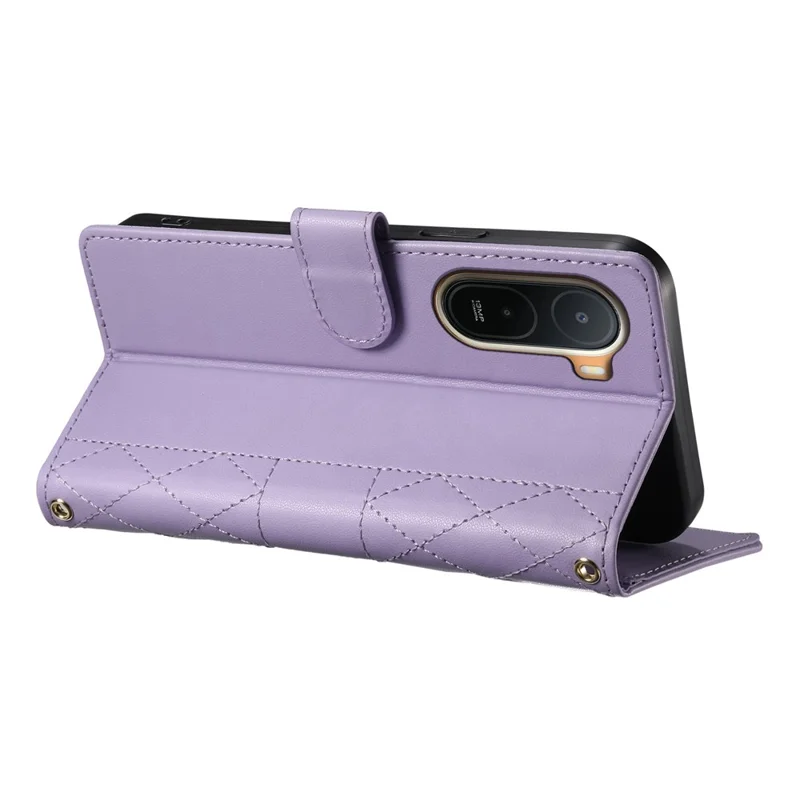 Wallet Case for Xiaomi Poco C85x 5G / Redmi A7 Pro 4G (171.56mm) / Redmi A7 Pro 5G Rhombus Stitching Stand Leather Phone Cover with Long   /   Short Strap - Purple