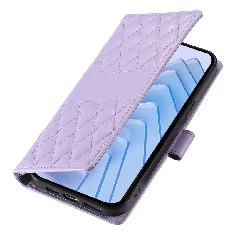 Wallet Case for Xiaomi Poco C85x 5G / Redmi A7 Pro 4G (171.56mm) / Redmi A7 Pro 5G Rhombus Stitching Stand Leather Phone Cover with Long   /   Short Strap - Purple
