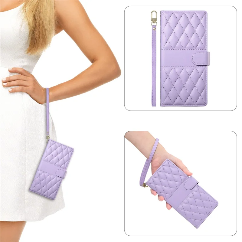 Wallet Case for Xiaomi Poco C85x 5G / Redmi A7 Pro 4G (171.56mm) / Redmi A7 Pro 5G Rhombus Stitching Stand Leather Phone Cover with Long   /   Short Strap - Purple