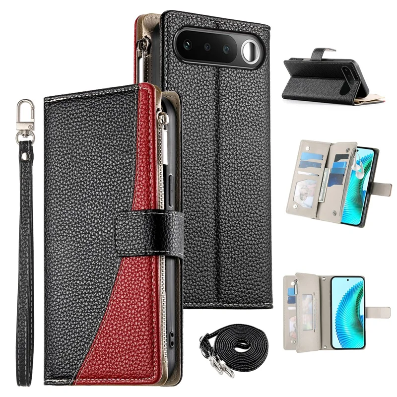 For Realme 16 5G Leather Case Zipper Wallet Color Splicing Flip Phone Cover with Straps - Black