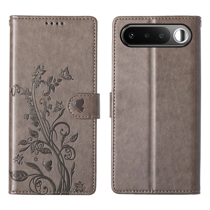 For Realme 16 5G Wallet Case Butterfly Floral Imprint PU Leather Phone Cover with Wrist Strap - Grey
