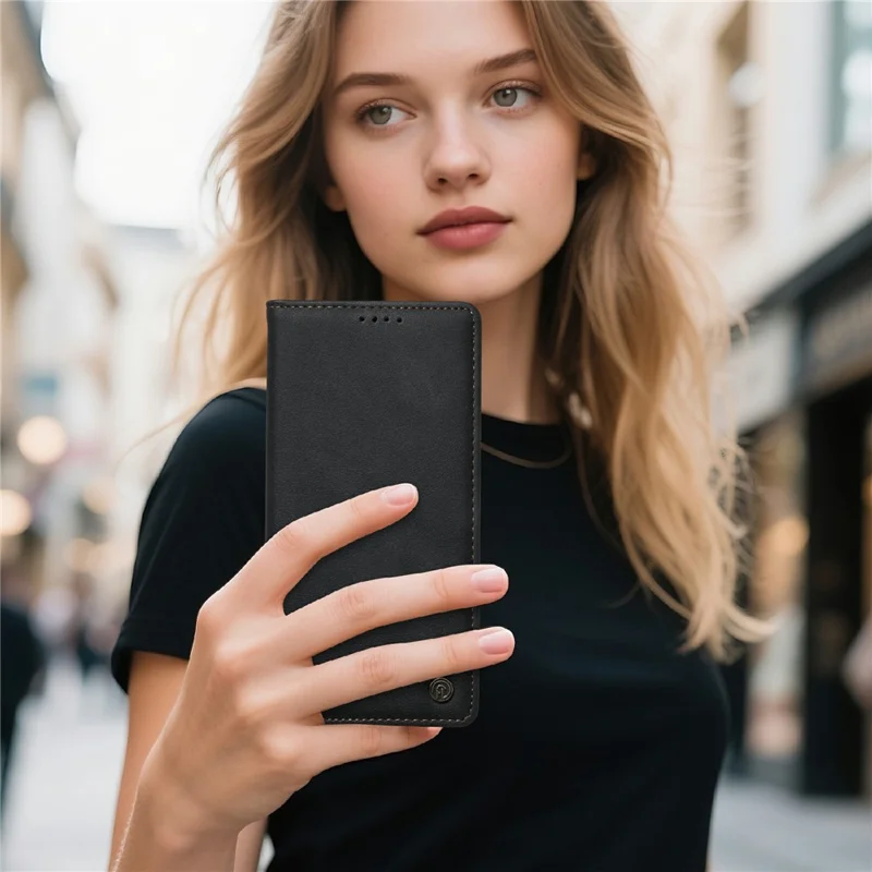 DIERFENG DF-019 for Realme 16 5G Leather Wallet Case Magnetic Flip Cover with Card Slots RFID Blocking - Black