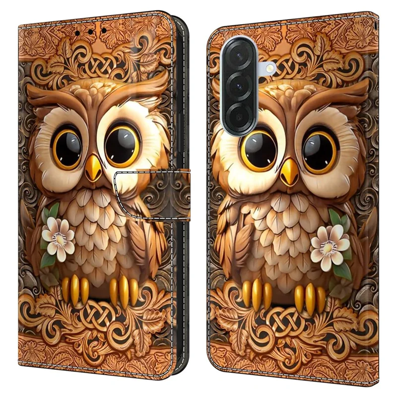 For Samsung Galaxy A27 Phone Case Pattern Printed TPU + PU Leather Flip Cover with Card Slot - Red Owl