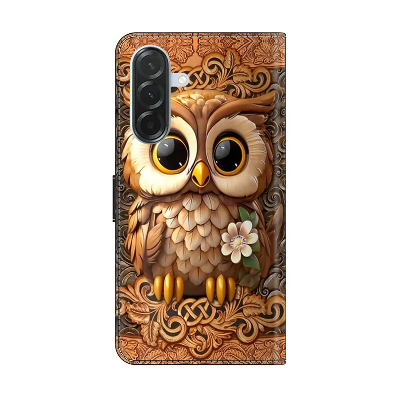 For Samsung Galaxy A27 Phone Case Pattern Printed TPU + PU Leather Flip Cover with Card Slot - Red Owl