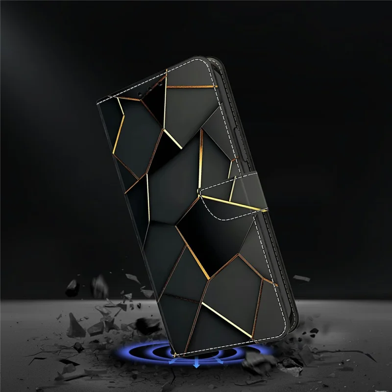 For Samsung Galaxy A27 5G Wallet Case Foldable Stand Pattern Printing Leather Flip Phone Cover - Black Gold Beveled Edges