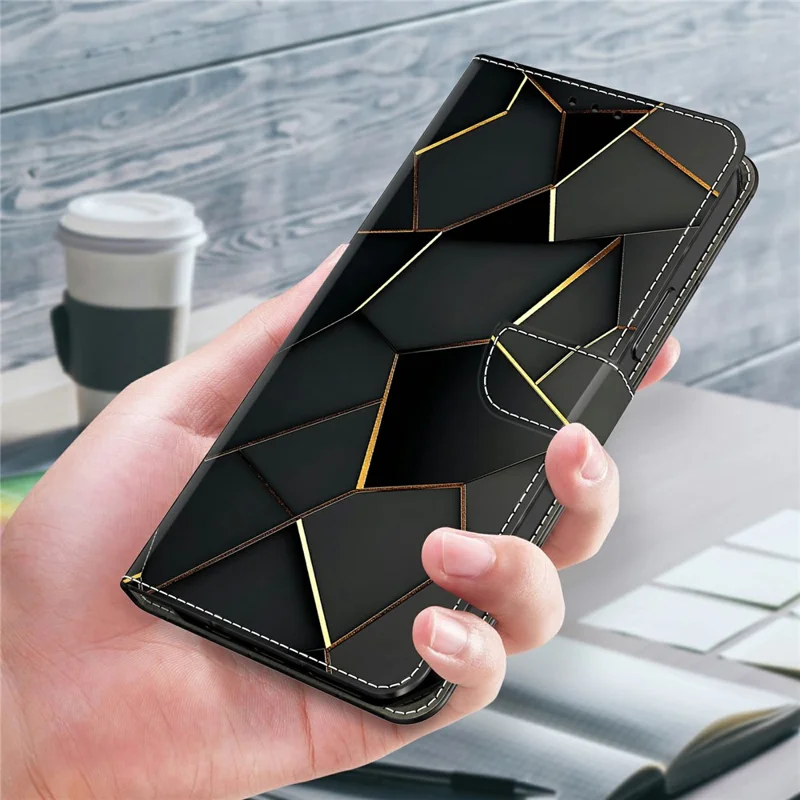 For Samsung Galaxy A27 5G Wallet Case Foldable Stand Pattern Printing Leather Flip Phone Cover - Black Gold Beveled Edges