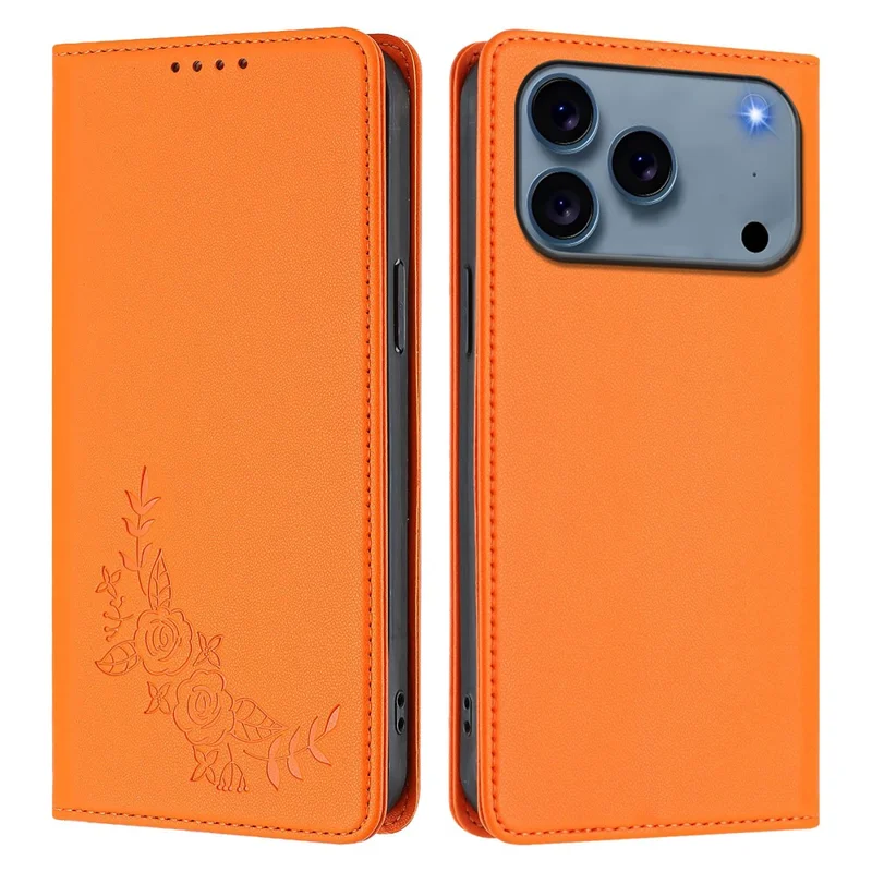 For iPhone 17 Pro Wallet Stand Case Peony Flower Pattern TPU PU Leather Flip Cover - Orange