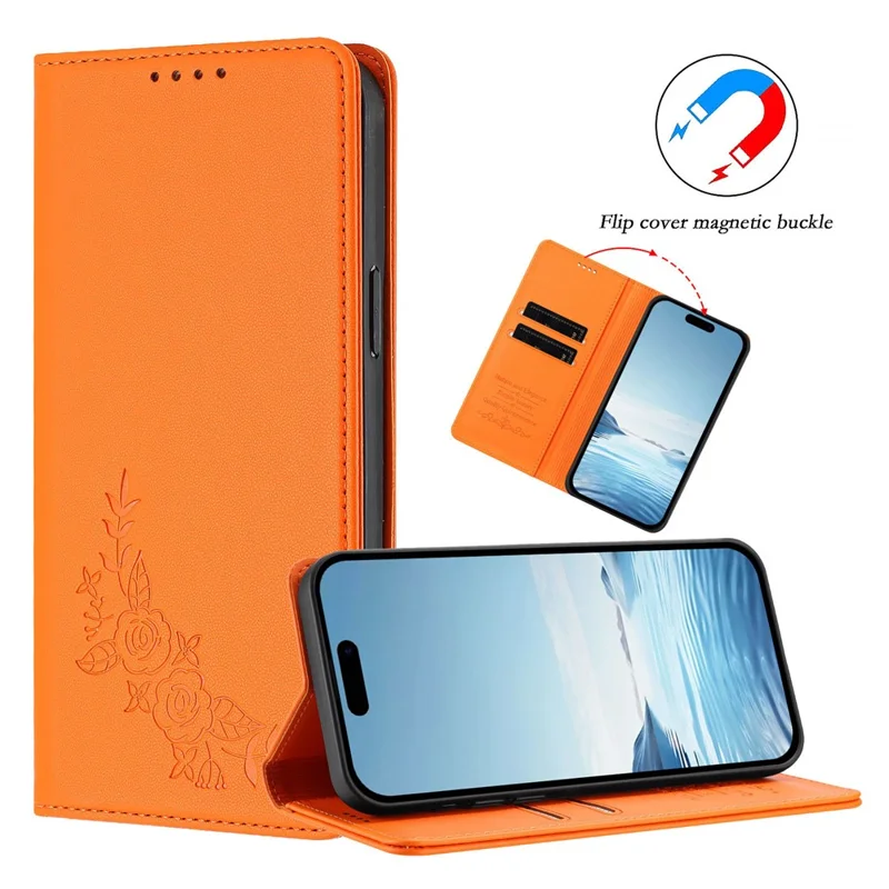 For iPhone 17 Pro Wallet Stand Case Peony Flower Pattern TPU PU Leather Flip Cover - Orange