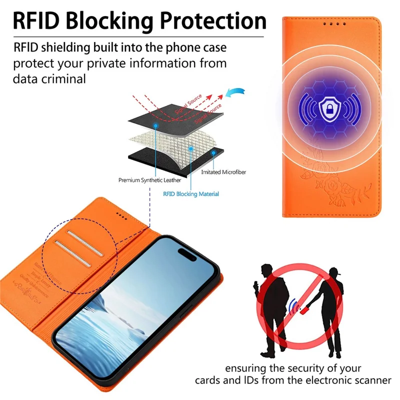 For iPhone 17 Pro Wallet Stand Case Peony Flower Pattern TPU PU Leather Flip Cover - Orange