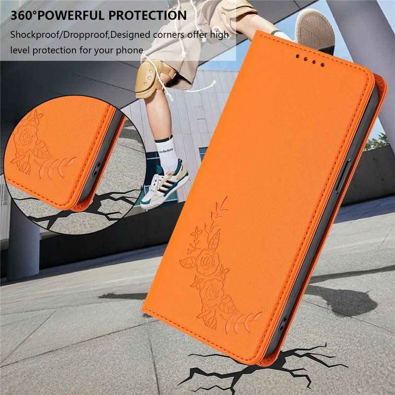 For iPhone 17 Pro Wallet Stand Case Peony Flower Pattern TPU PU Leather Flip Cover - Orange