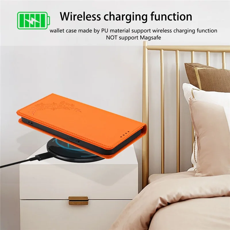 For iPhone 17 Pro Wallet Stand Case Peony Flower Pattern TPU PU Leather Flip Cover - Orange