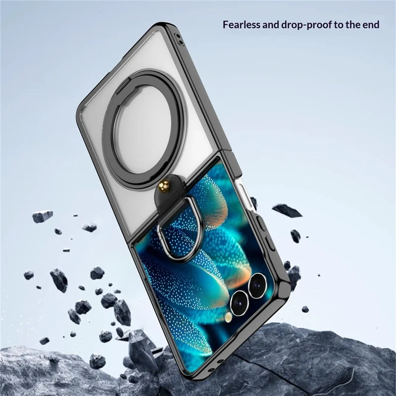 For Samsung Galaxy Z Flip7 5G Transparent Case with 360° Magnetic Ring Holder UV Scratch-resistant Shockproof Cover - Black