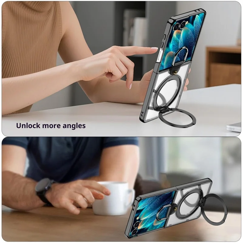 For Samsung Galaxy Z Flip7 5G Transparent Case with 360° Magnetic Ring Holder UV Scratch-resistant Shockproof Cover - Black