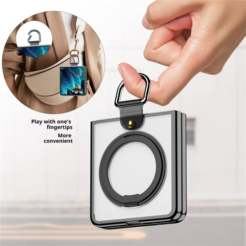 For Samsung Galaxy Z Flip7 5G Transparent Case with 360° Magnetic Ring Holder UV Scratch-resistant Shockproof Cover - Black