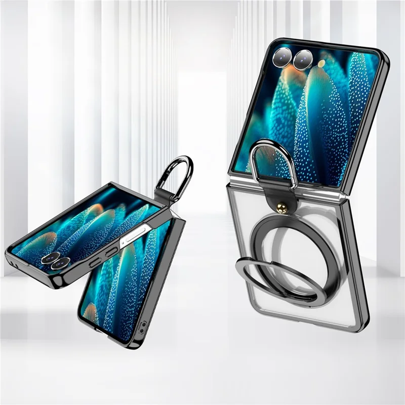 For Samsung Galaxy Z Flip7 5G Transparent Case with 360° Magnetic Ring Holder UV Scratch-resistant Shockproof Cover - Black