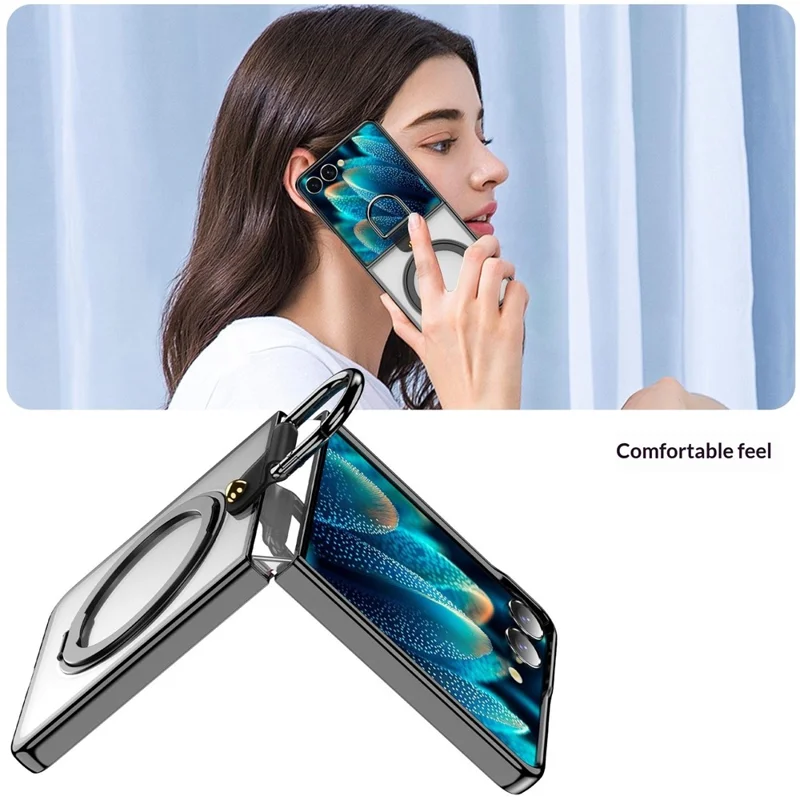 For Samsung Galaxy Z Flip7 5G Transparent Case with 360° Magnetic Ring Holder UV Scratch-resistant Shockproof Cover - Black