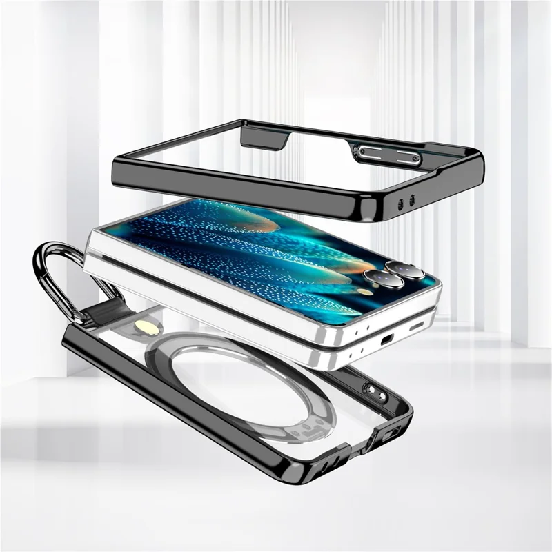 For Samsung Galaxy Z Flip7 5G Transparent Case with 360° Magnetic Ring Holder UV Scratch-resistant Shockproof Cover - Black
