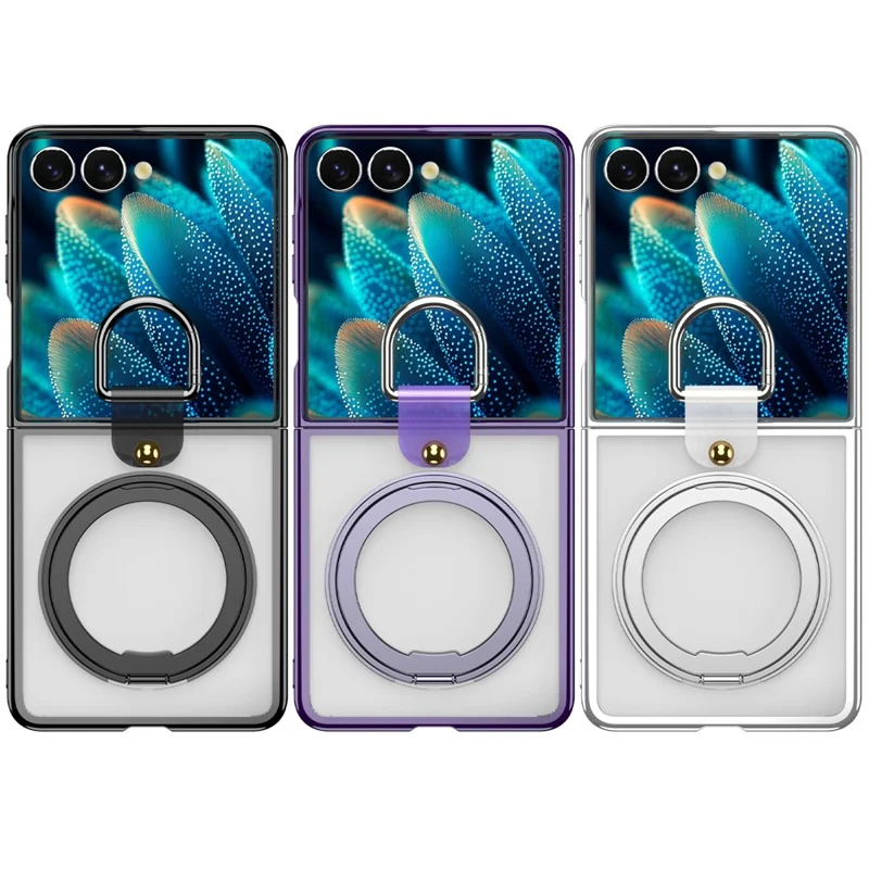 For Samsung Galaxy Z Flip7 5G Transparent Case with 360° Magnetic Ring Holder UV Scratch-resistant Shockproof Cover - Black