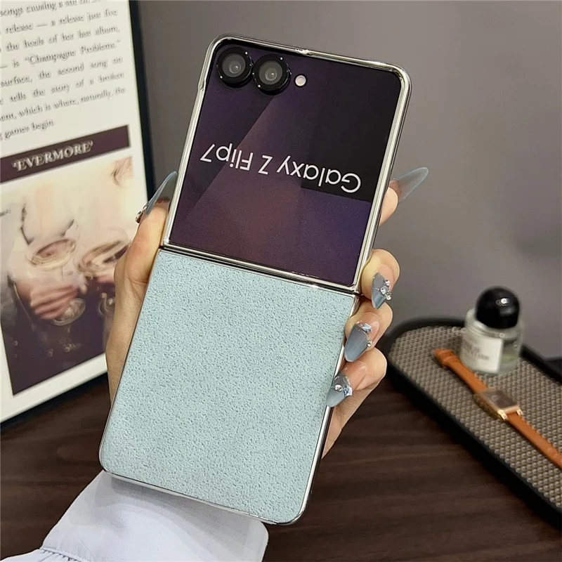 For Samsung Galaxy Z Flip7 5G  Case with Metal Frame Electroplating PU Leather PC Protective Cover - Blue