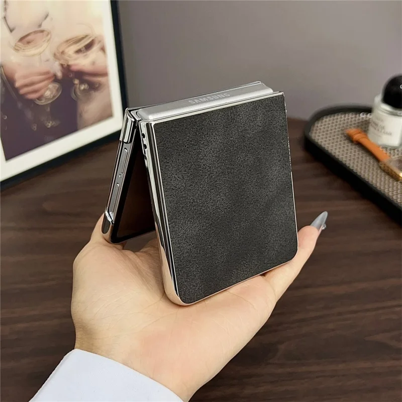 For Samsung Galaxy Z Flip7 5G  Case with Metal Frame Electroplating PU Leather PC Protective Cover - Blue