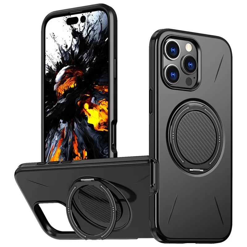 Groothandel Voor iPhone 16 Pro Max Hoesje Compatibel met MagSafe Draaibare Standaard TPU + PC Anti-val Telefoonhoesje - Zwart