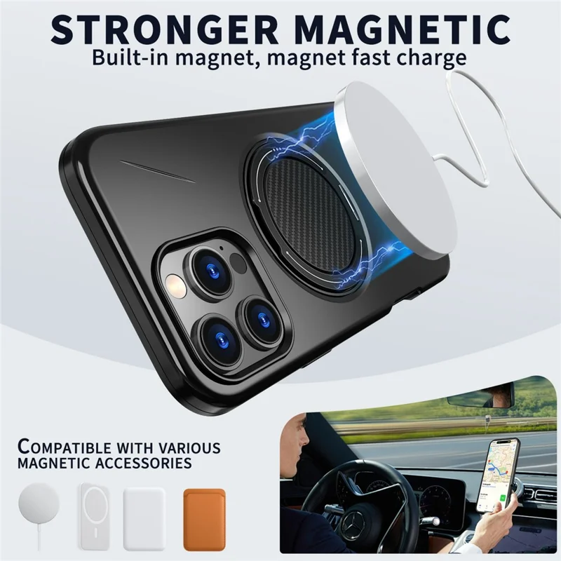 Groothandel Voor iPhone 16 Pro Max Hoesje Compatibel met MagSafe Draaibare Standaard TPU + PC Anti-val Telefoonhoesje - Zwart