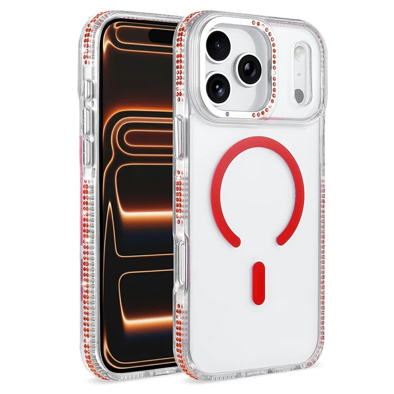 Bulk Purchasing For iPhone 17 Pro Max Magnetic Case with Rhinestone Decor Drop Proof Clear TPU+PC Phone Cover - Red