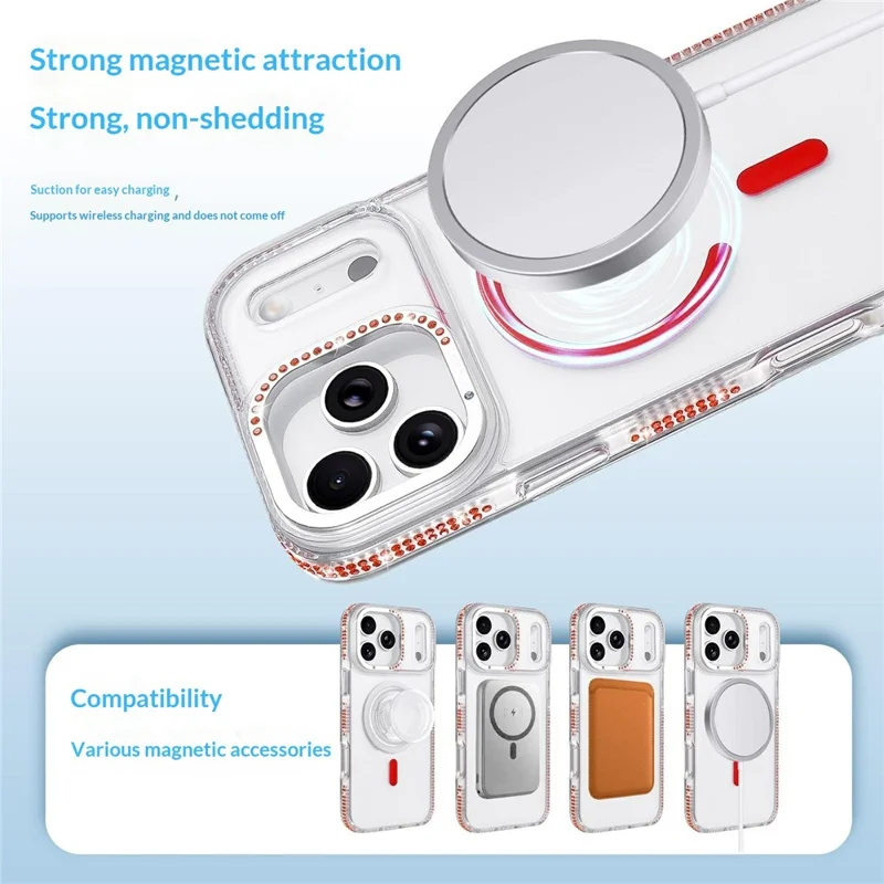 Bulk Purchasing For iPhone 17 Pro Max Magnetic Case with Rhinestone Decor Drop Proof Clear TPU+PC Phone Cover - Red