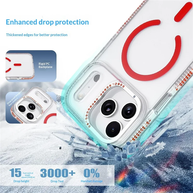 Bulk Purchasing For iPhone 17 Pro Max Magnetic Case with Rhinestone Decor Drop Proof Clear TPU+PC Phone Cover - Red