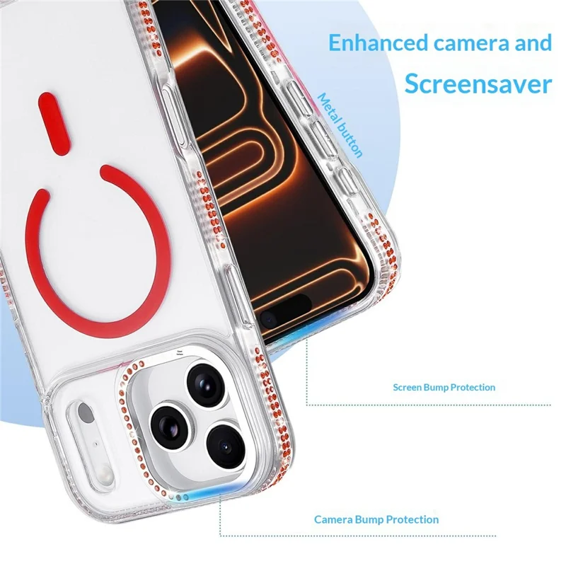 Bulk Purchasing For iPhone 17 Pro Max Magnetic Case with Rhinestone Decor Drop Proof Clear TPU+PC Phone Cover - Red