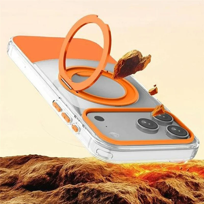 Bulk Purchasing For iPhone 17 Pro Max Case Transparent Colorful Design 360° Rotating Metal Kickstand Shockproof TPU Acrylic Cover - Orange