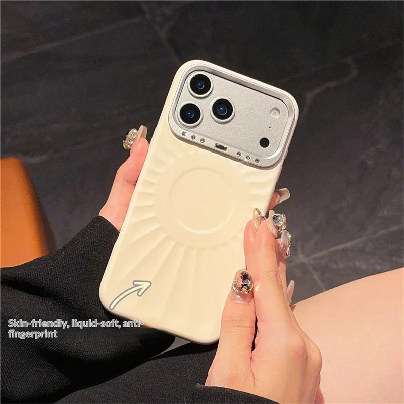 Coque pour iPhone 17 Pro compatible MagSafe avec motif soleil, strass, cadre métallique, en silicone liquide - Beige