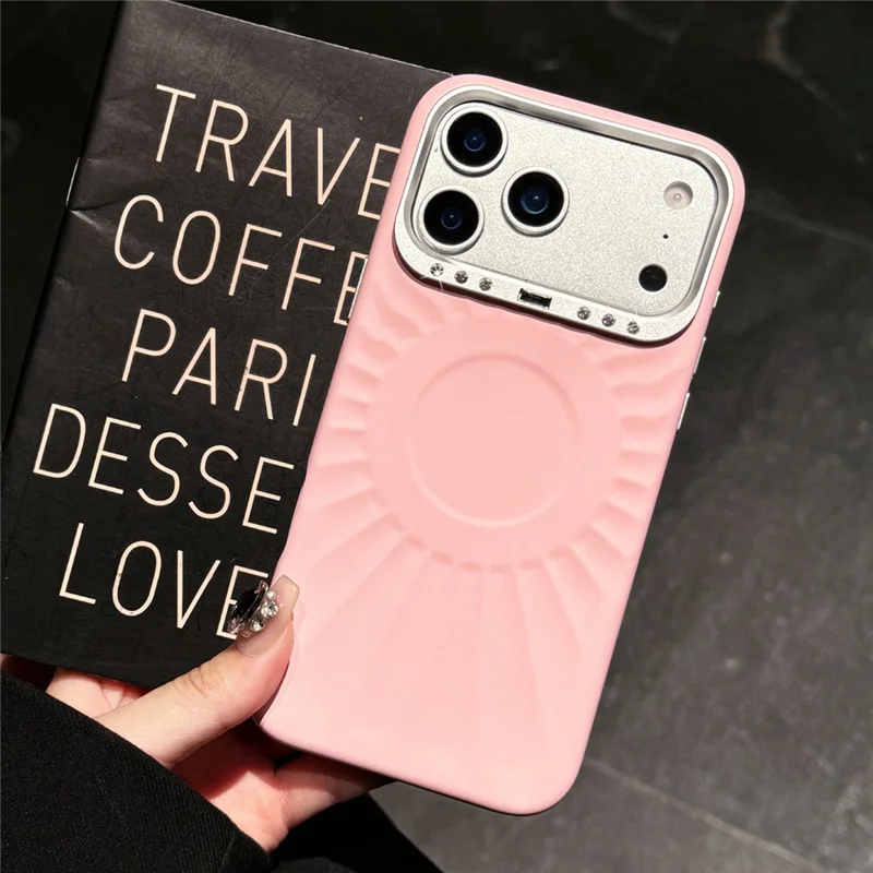 For iPhone 17 Pro Max Case Compatible with MagSafe Sun Pattern Rhinestone Metal Camera Frame Liquid Silicone Phone Cover - Pink