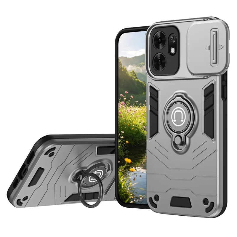 Funda para teléfono Honor X6d 5G con protector deslizante para cámara y soporte tipo kickstand, carcasa de PC + TPU - Gris