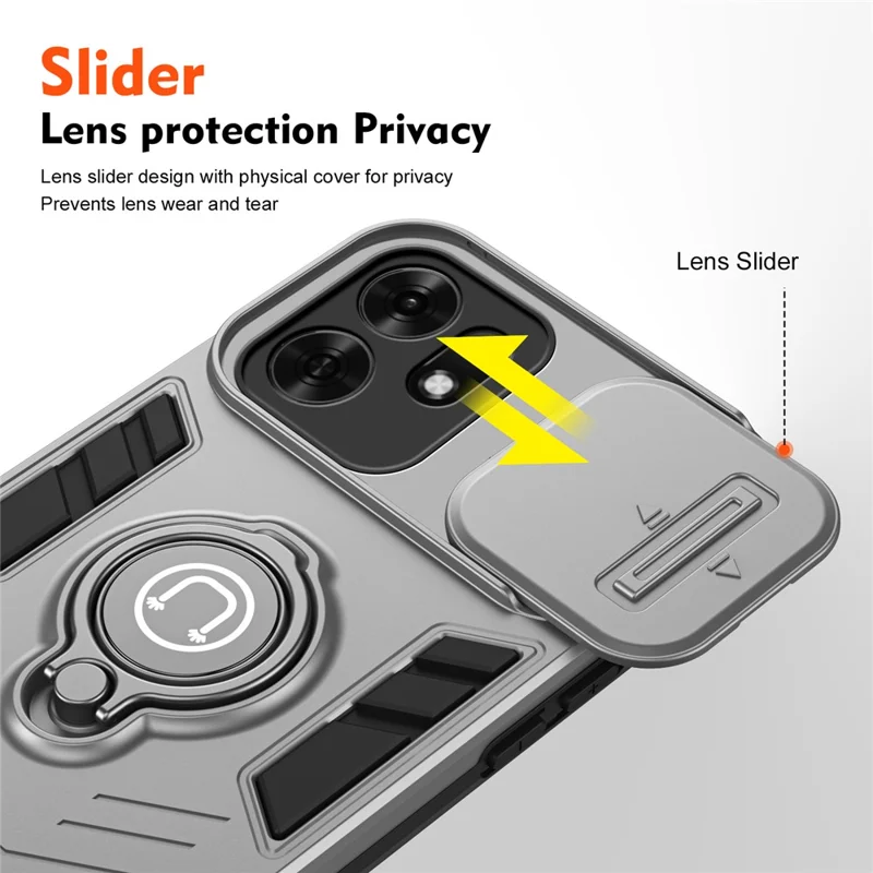 Funda para teléfono Honor X6d 5G con protector deslizante para cámara y soporte tipo kickstand, carcasa de PC + TPU - Gris