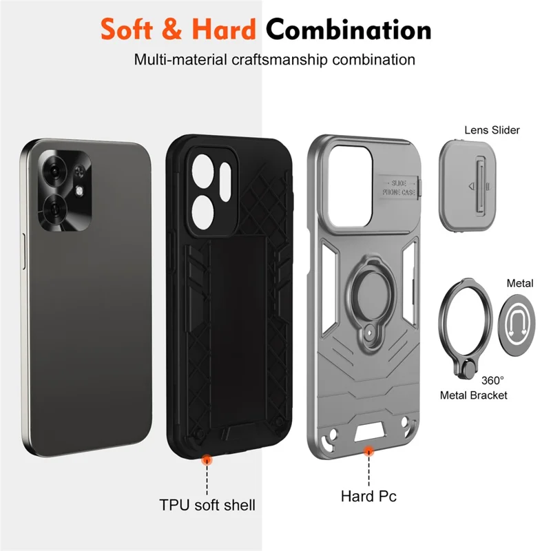 Funda para teléfono Honor X6d 5G con protector deslizante para cámara y soporte tipo kickstand, carcasa de PC + TPU - Gris
