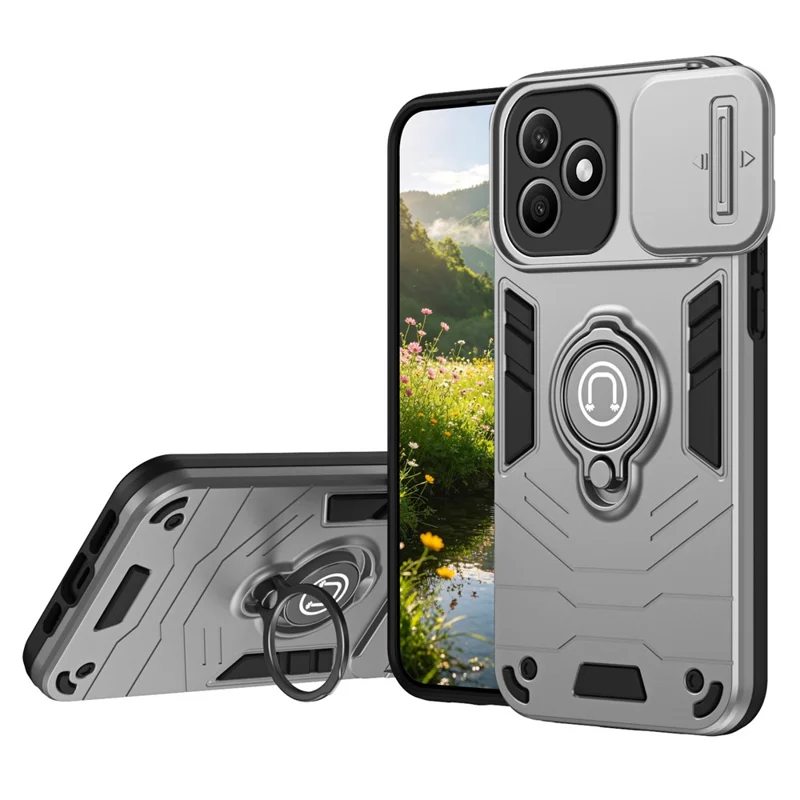 Hållare till Honor X8d 4G, skjutbar camshield, fickstöd, PC + TPU mobilskal - Grå