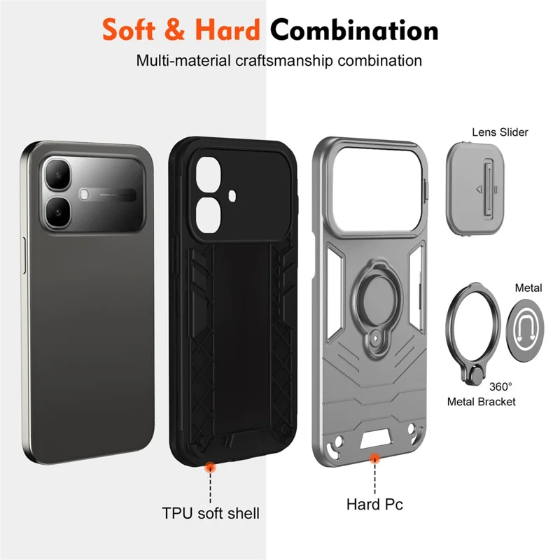Étui pour Infinix Smart 20 4G Étui Slide Camshield avec Support Pivotant et Anneau de Poignée en PC + TPU - Gris