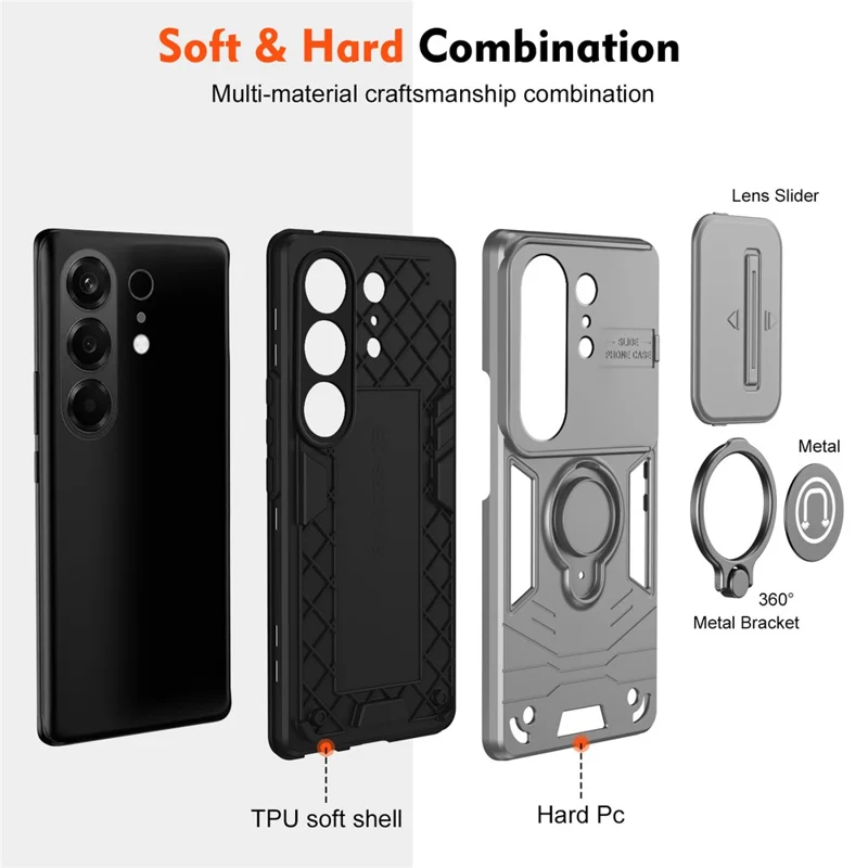 For TECNO Camon 50 4G Case Slide Camshield Kickstand PC + TPU Phone Cover - Grey