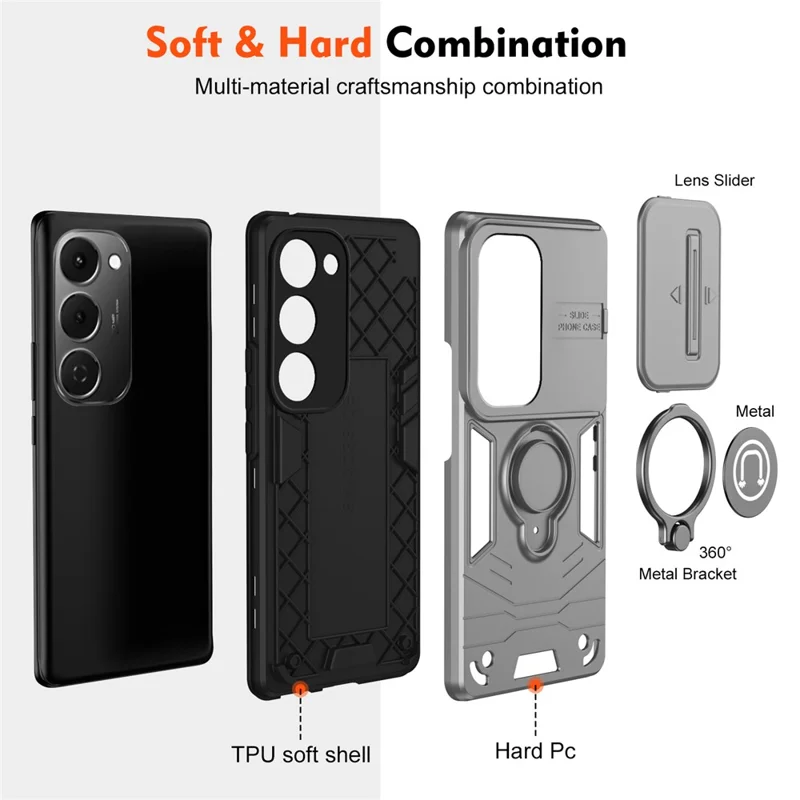 For TECNO Spark 40 Pro+ 4G Case Slide Camshield Kickstand PC + TPU Phone Cover - Grey