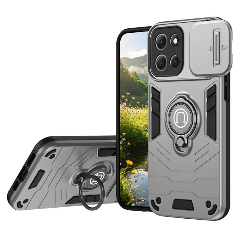 For Motorola Moto G86 5G Case Slide Camshield Kickstand PC + TPU Phone Cover - Grey
