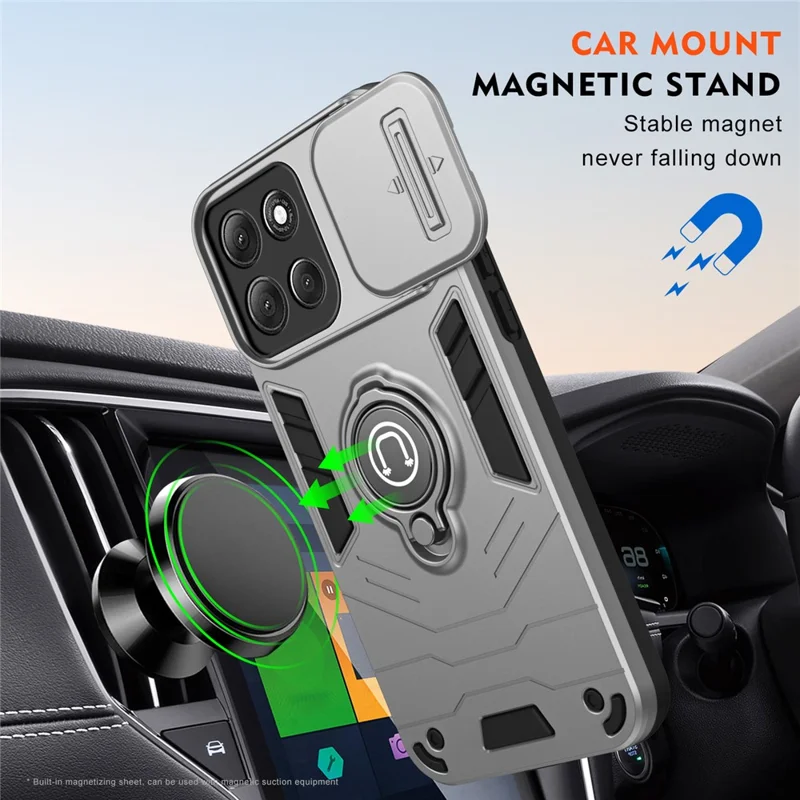 For Motorola Moto G86 Power 5G Case Slide Camshield Kickstand PC + TPU Phone Cover - Grey