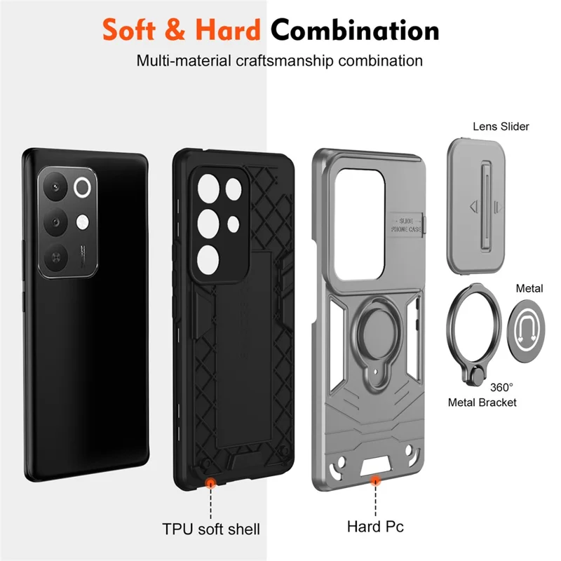 Чехол для Realme C85 5G, сдвижной с защитой камеры, подставка, из поликарбоната и ТПУ, серый