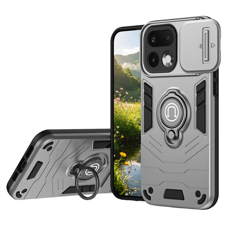 Чехол для Realme 16 Pro 5G Slide Camshield с подставкой и кольцом-держателем из поликарбоната + ТПУ - Серый