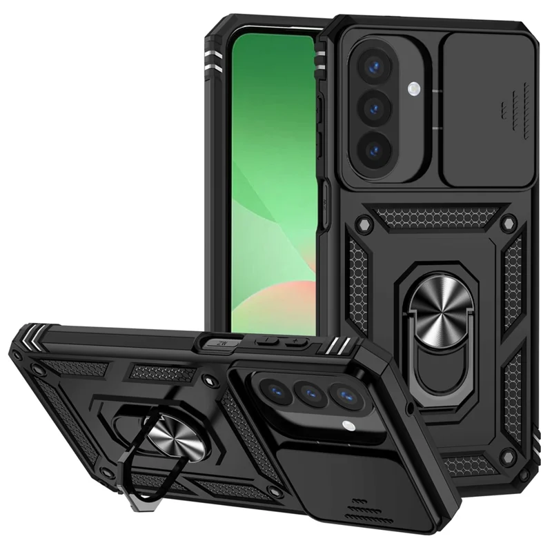 For Samsung Galaxy A27 Case PC + TPU Phone Cover with Lens Protection Kickstand - Black