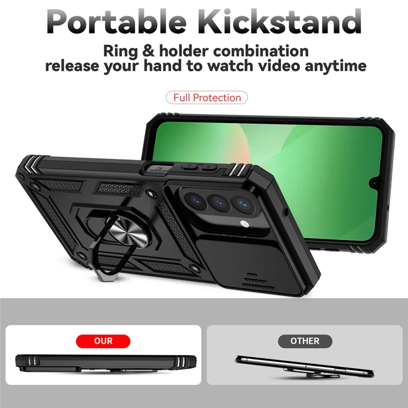 For Samsung Galaxy A27 Case PC + TPU Phone Cover with Lens Protection Kickstand - Black