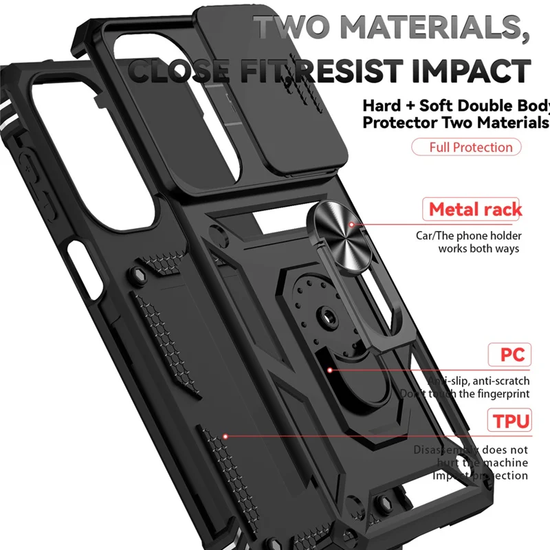 For Samsung Galaxy A27 Case PC + TPU Phone Cover with Lens Protection Kickstand - Black