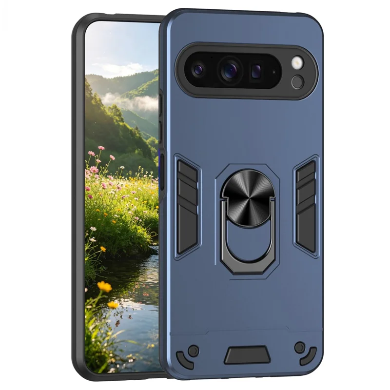 For Google Pixel 9 Pro XL Case PC + TPU Drop Defend Phone Cover with Ring Kickstand - Blue